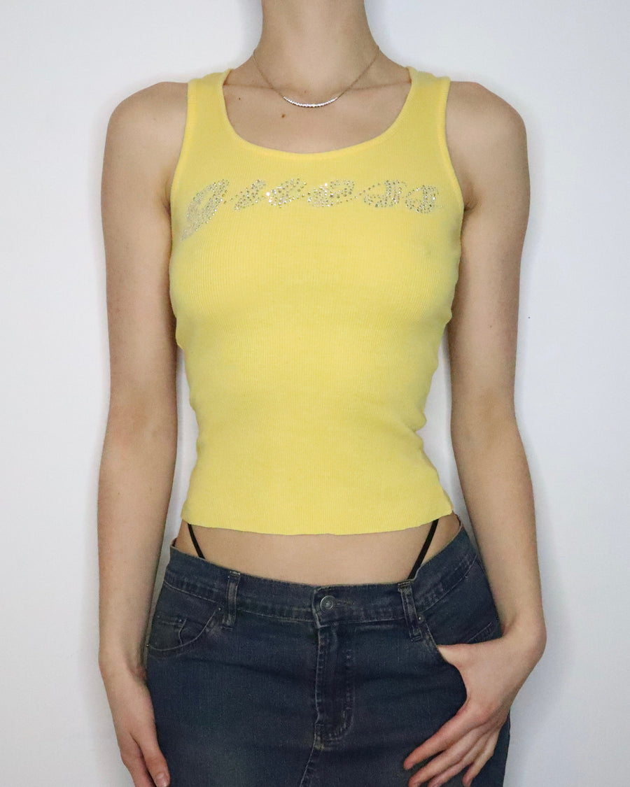 Guess Yellow Diamanté Tank Top (Small)
