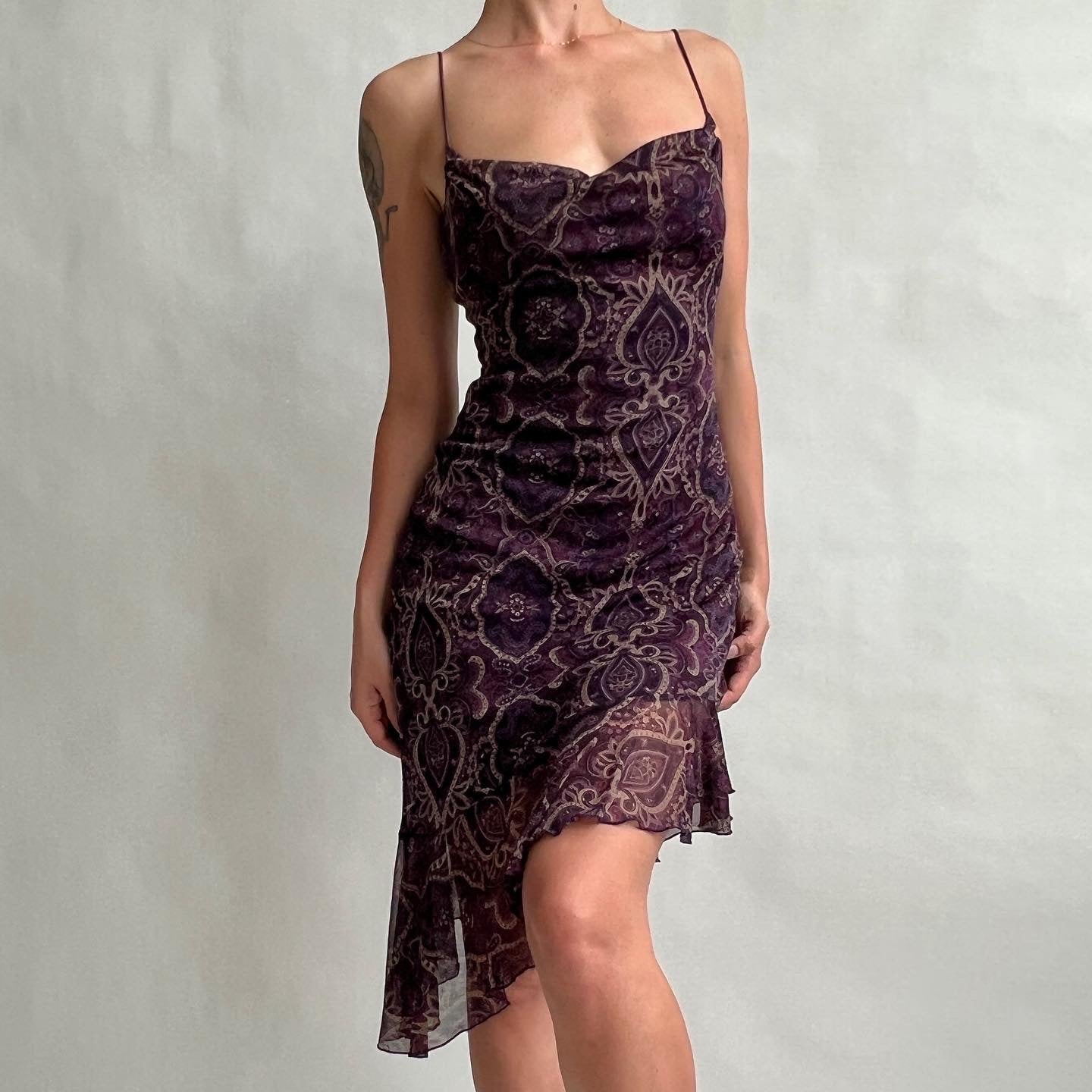 90s plum paisley midi dress