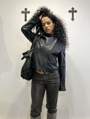 Vintage Italian Black Asymmetrical Zip Leather Jacket (M)