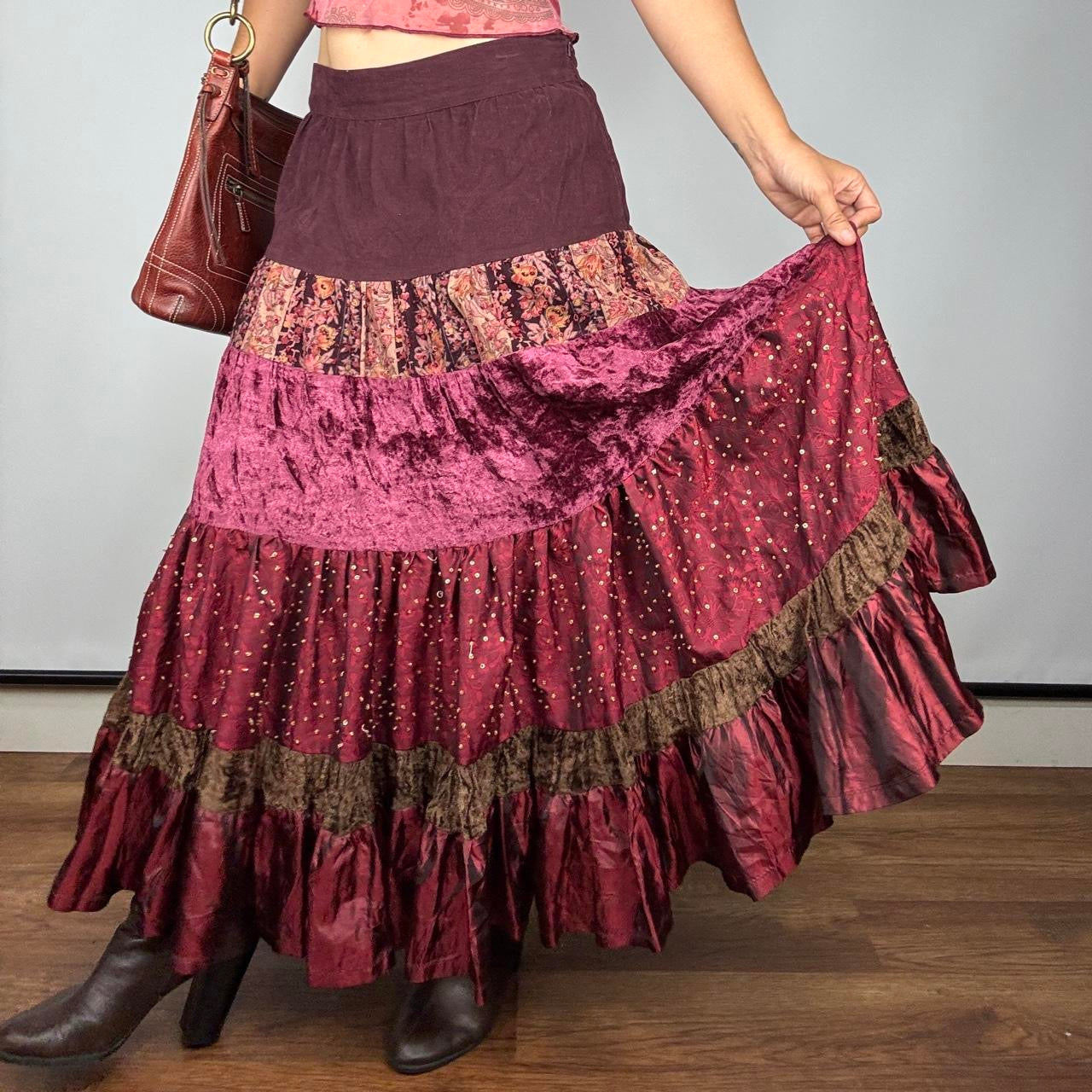 Y2K Burgundy Corduroy & Velvet Tiered Maxi Skirt (M/L)