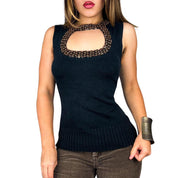 Caché Beaded Silk Knit Keyhole Top (L)