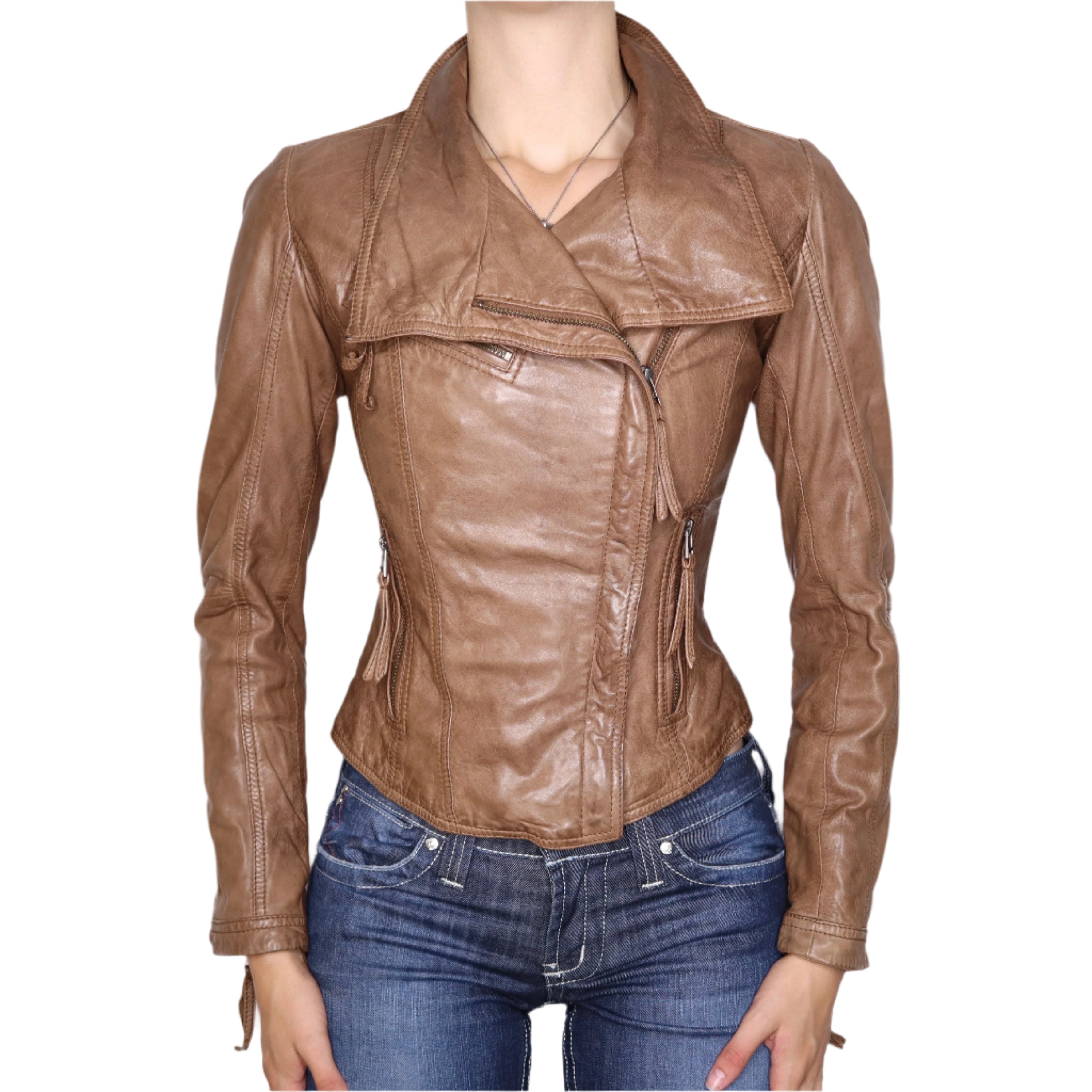 Y2K Sexy Brown Leather Moto Jacket (XS)