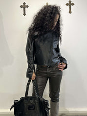 Vintage Italian Black Asymmetrical Zip Leather Jacket (M)