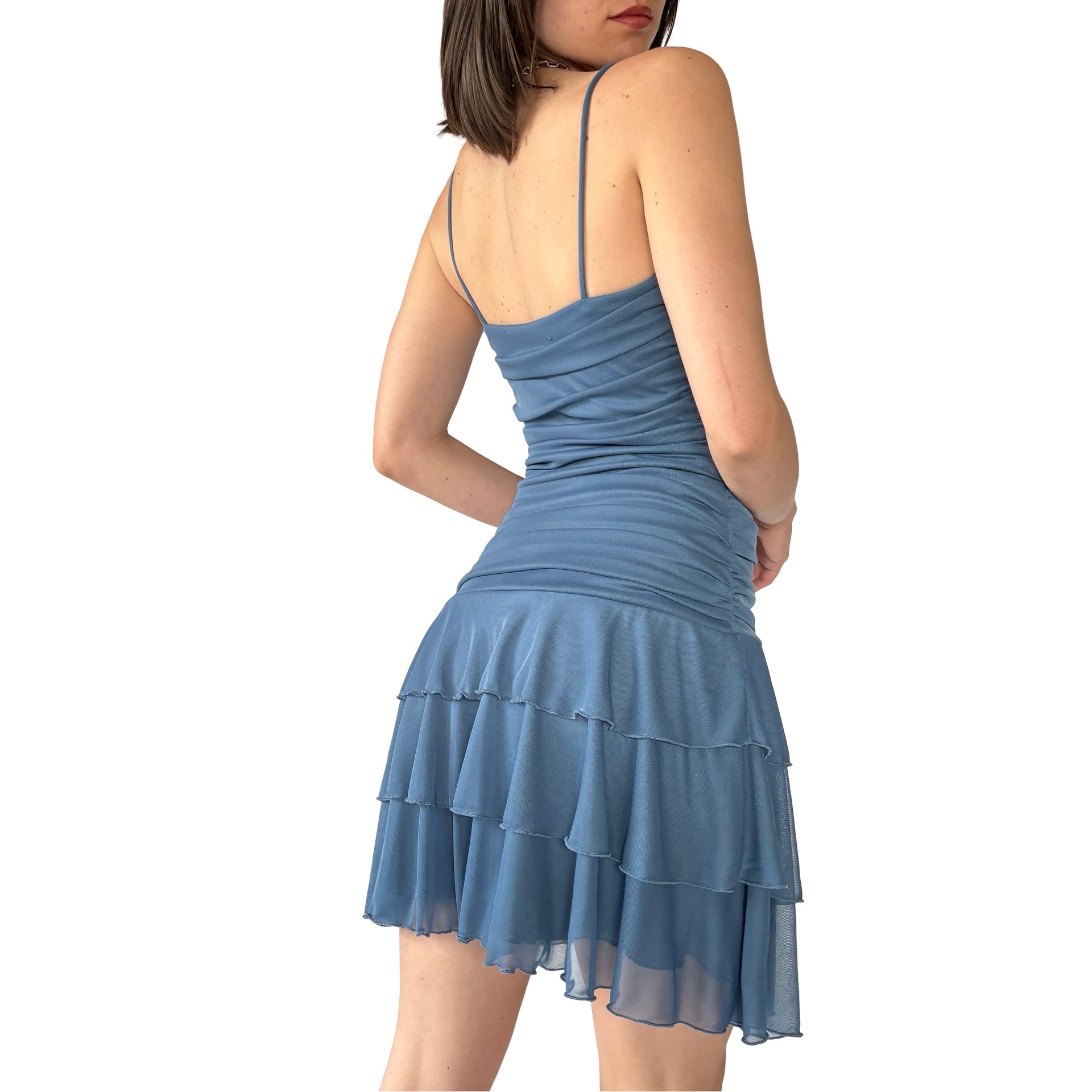 Y2K Dusty Blue Ruffle Dress (XS/S)