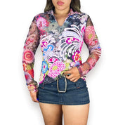 90s Psychedelic Floral Mesh Sleeve Top (L)