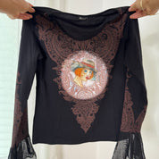 Misia Paris French vintage Y2K black illustrated portrait mesh top with brown lace print & sheer bell sleeves
