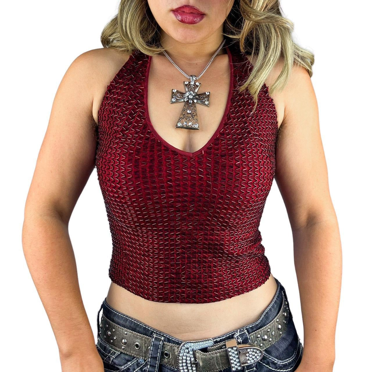 Caché Burgundy Beaded Halter Top (S)