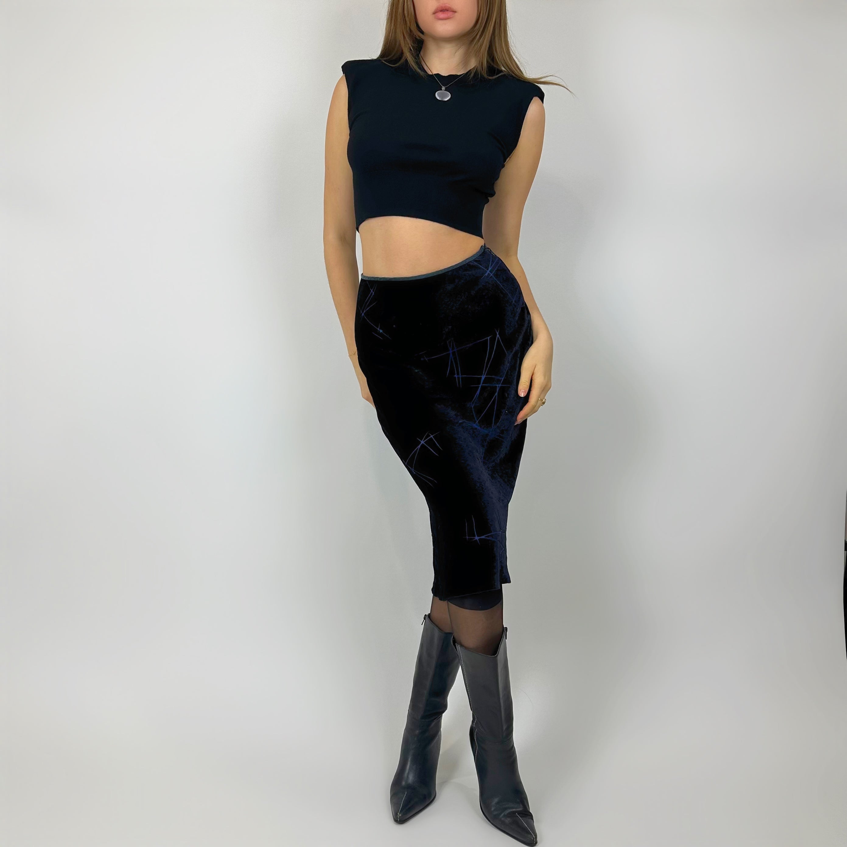 Vintage Deep Blue Velvet Midi Skirt (xs)