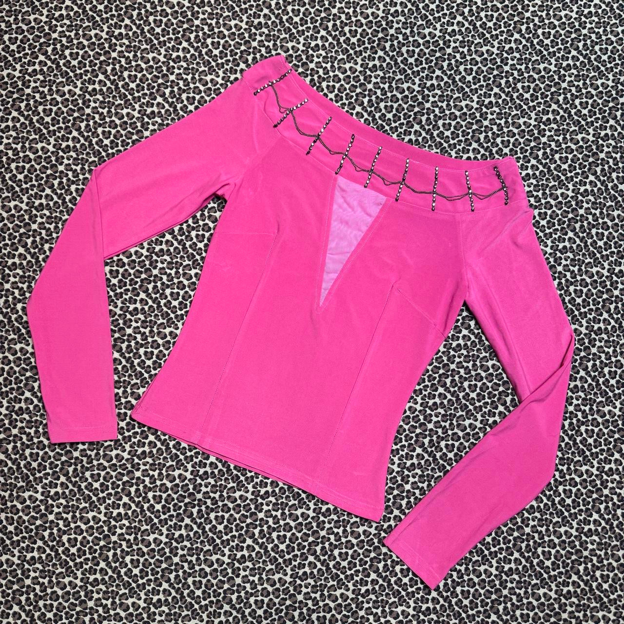 Pink Mesh Cutout Neckline Beaded Boatneck Long Sleeve (S)
