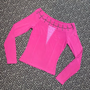 Pink Mesh Cutout Neckline Beaded Boatneck Long Sleeve (S)