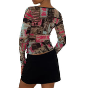 French vintage turquoise and pink graphic print sheer mesh long sleeve top