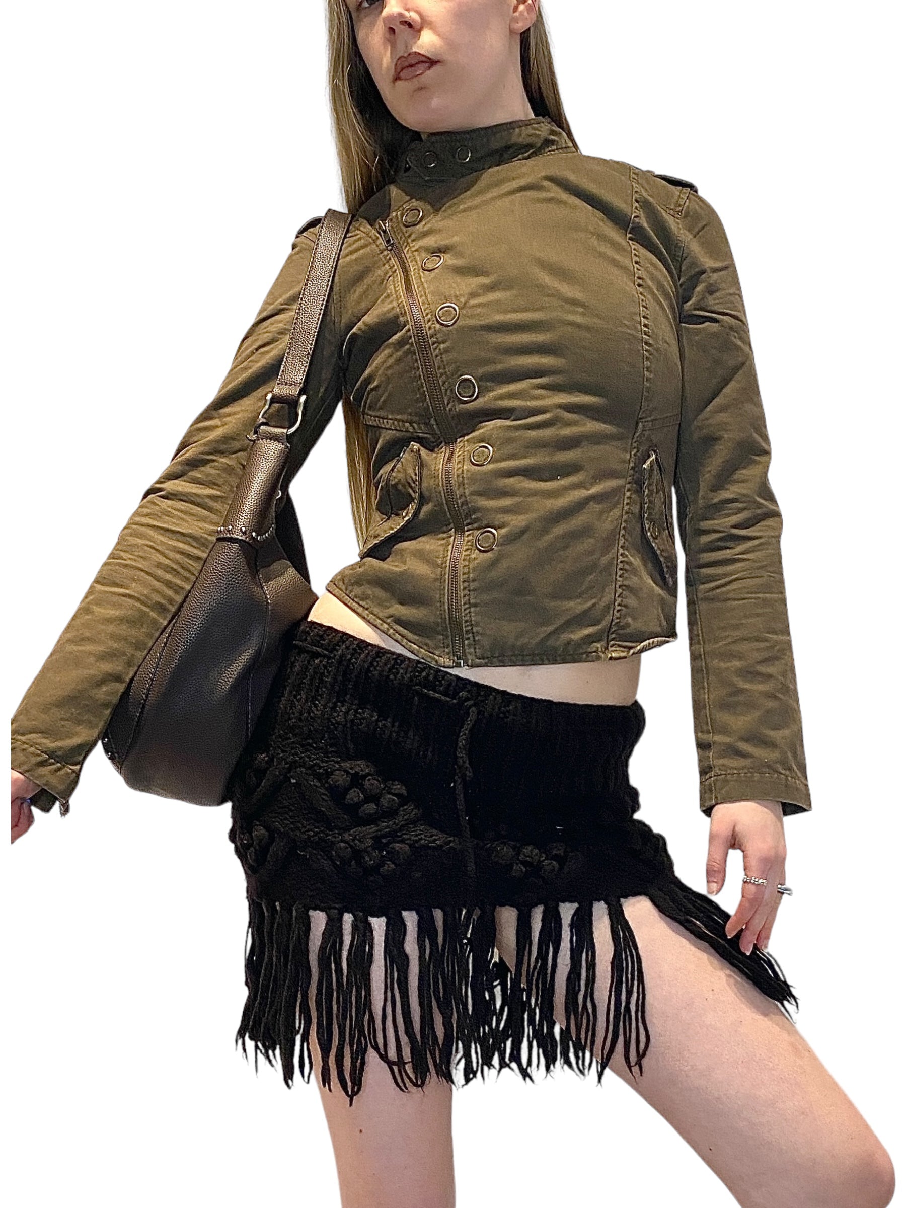 Vintage Crochet Wool Stretch Mini Skirt with Fringe (S)
