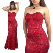 Vintage Red Lace Strapless Gown (XS)
