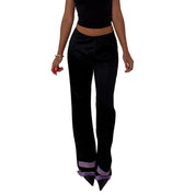 French vintage Y2K black low-rise trousers with purple fringe trim & pink turquoise embroidered cuffs