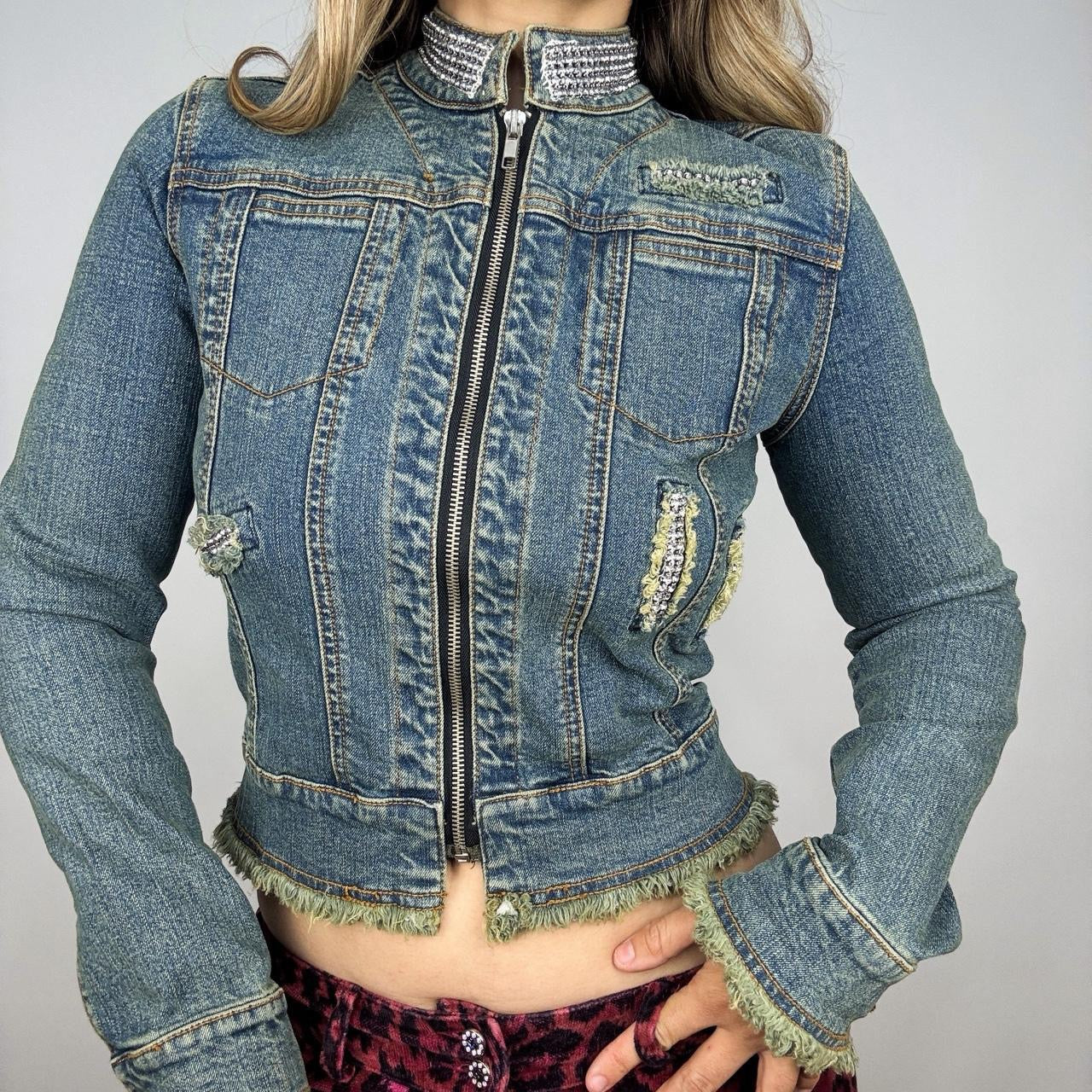 Rhinestone Studded Distressed Denim Jacket (M)