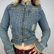 Rhinestone Studded Distressed Denim Jacket (M)
