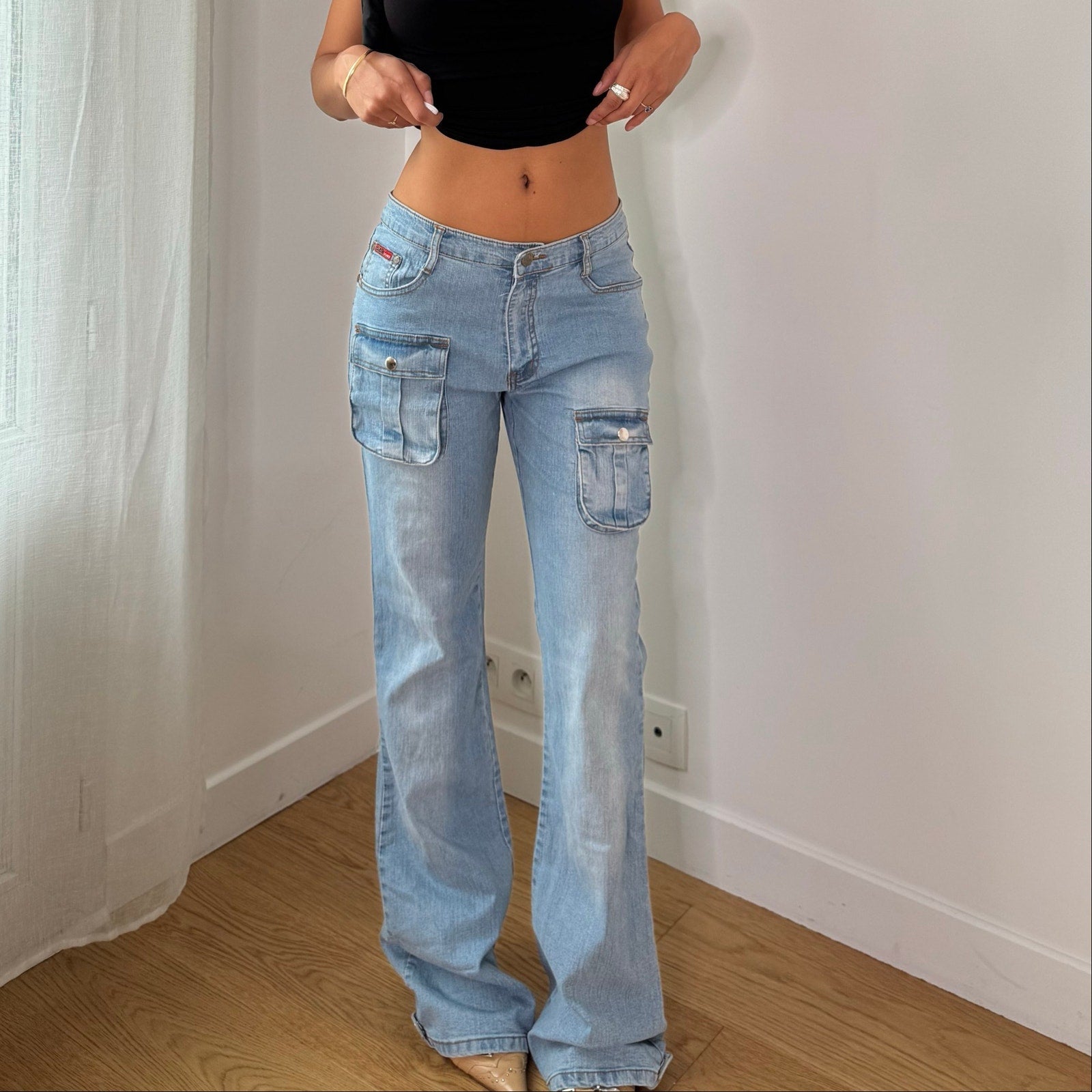 Vintage Blue Low Rise Cargo Flare Jeans (S)