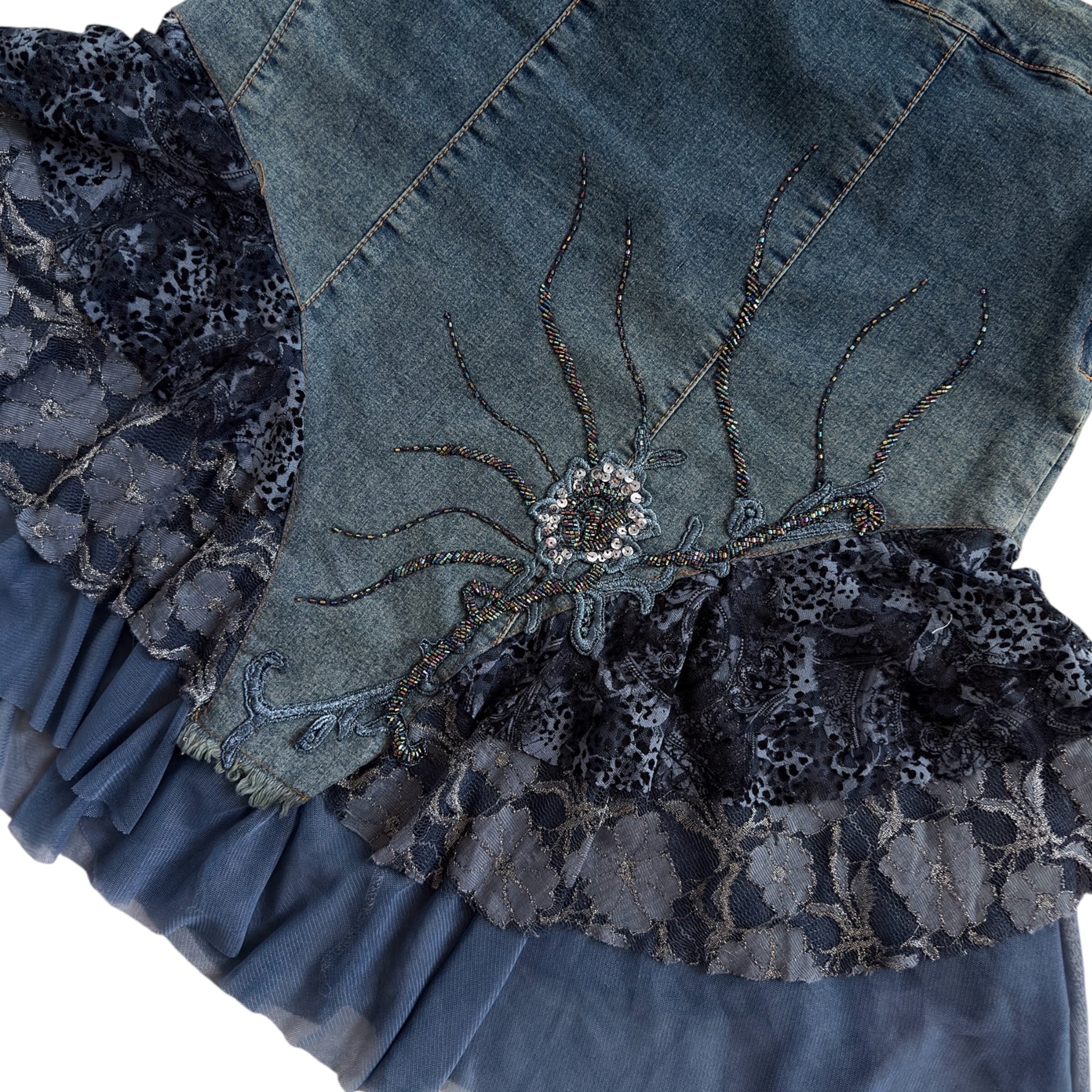 vintage tiered denim lace midi skirt (M)