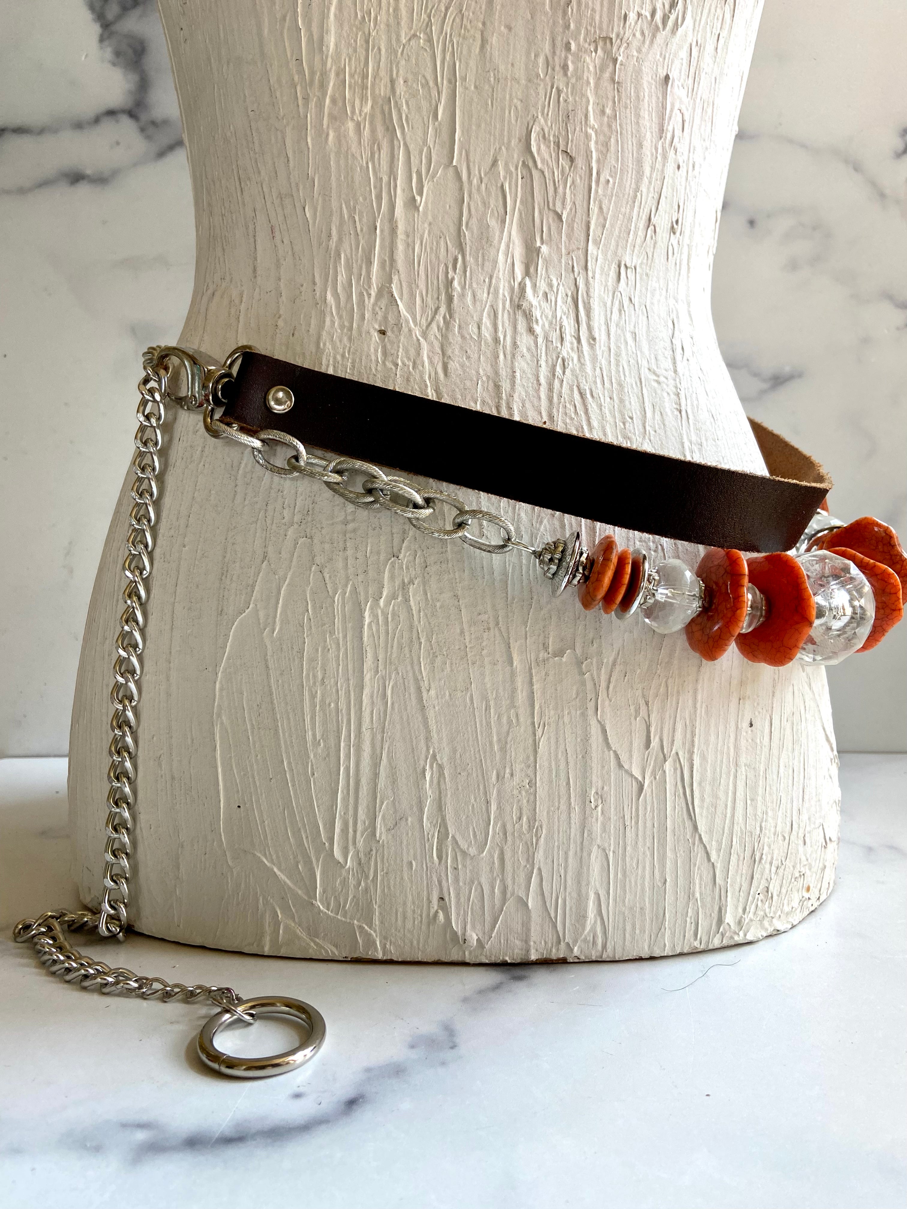 Layers leather beads & stones chain belt