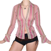 Y2K Pink Pinstripe Mesh Blouse (M)