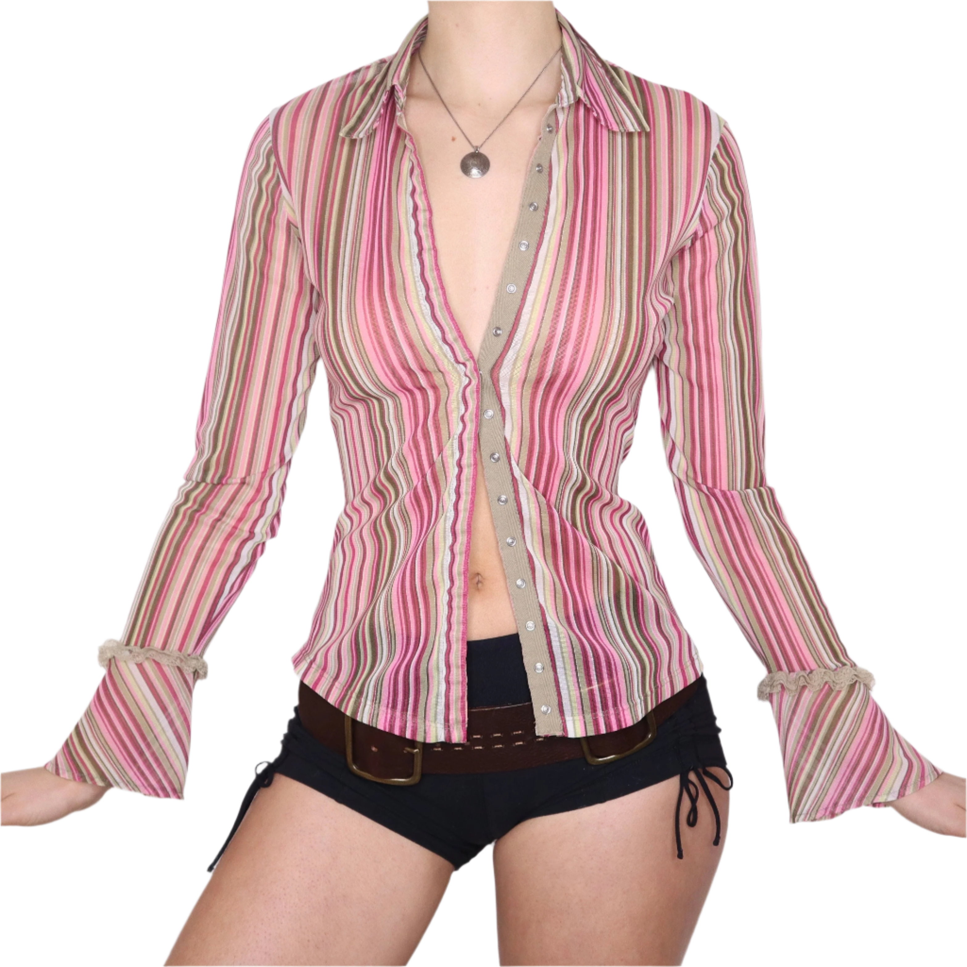 Y2K Pink Pinstripe Mesh Blouse (M)