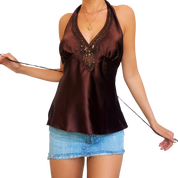 Early 2000s Beaded Satin Halter Top (M)