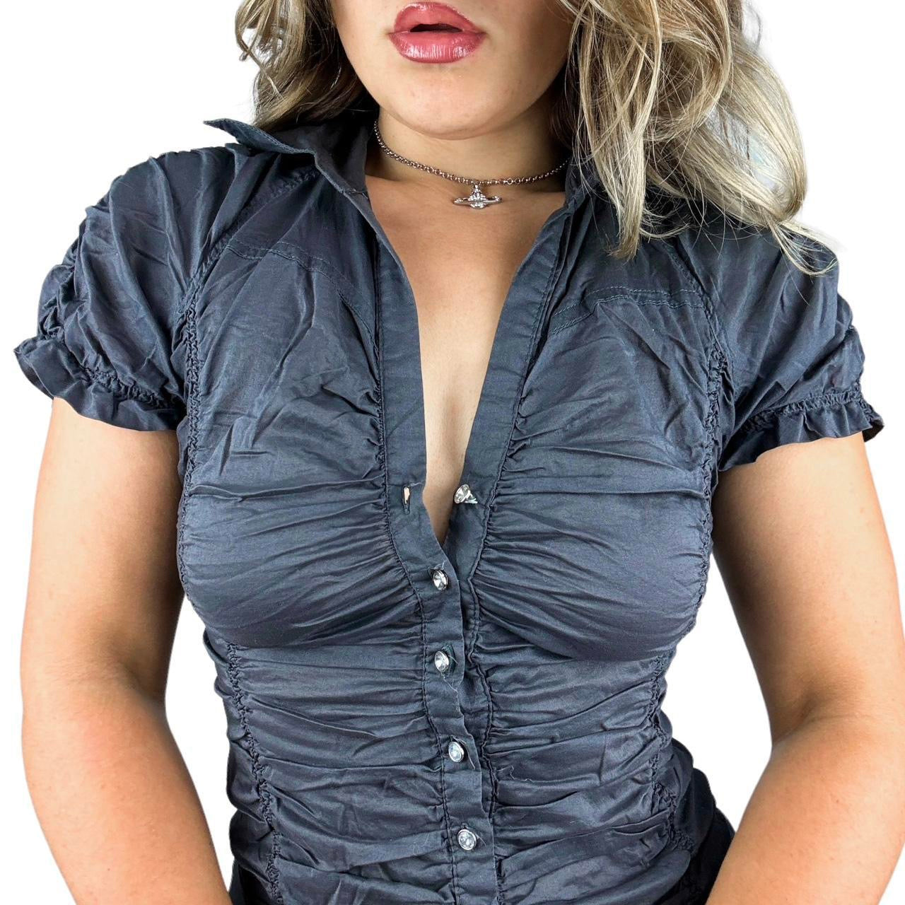 Y2K Ruched Puff Sleeve Blouse (S)