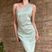 90s Pastel Mint Floral Satin Maxi Dress (M)