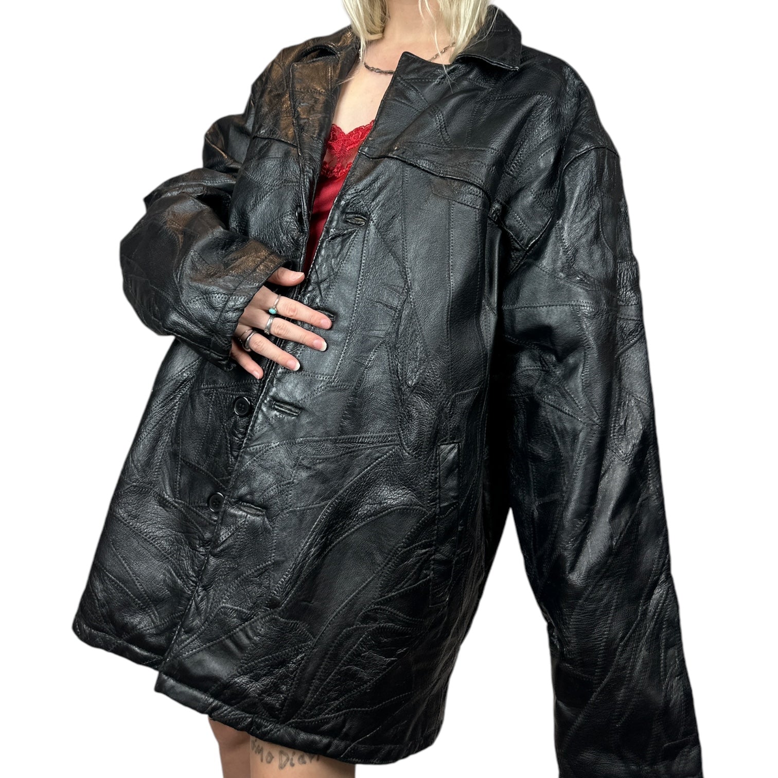 Vintage Fondini Fashions veste en cuir M des années 90 Patchwork Bomber noir - France Vintage Fondini Fashions veste en cuir M des années 90 Patchwork Bomber noir - France