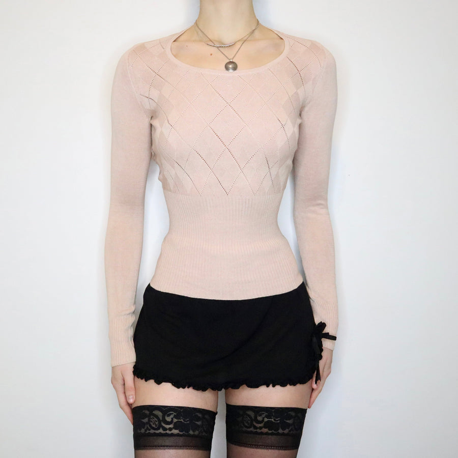 00s Pale Pink Silk Long Sleeve Knit Top (S)