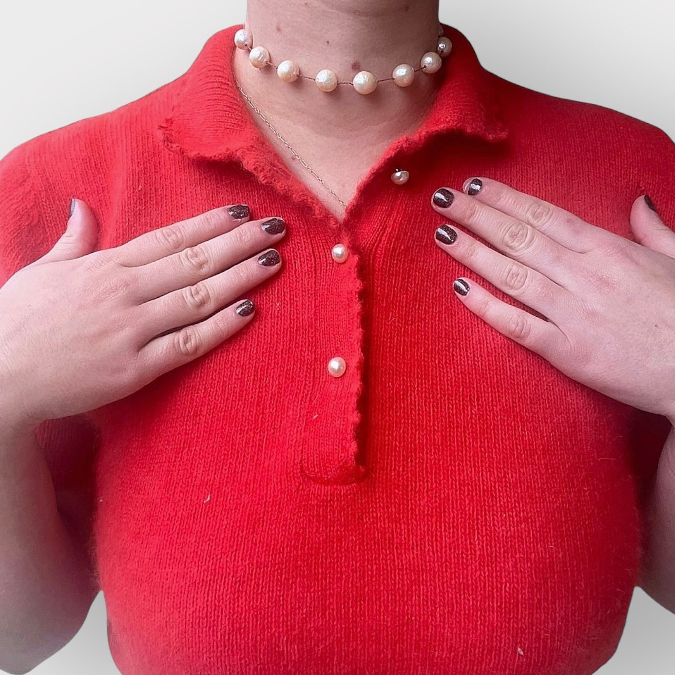 90s Red Angora Sweater Top with Pearl Buttons (S/M)