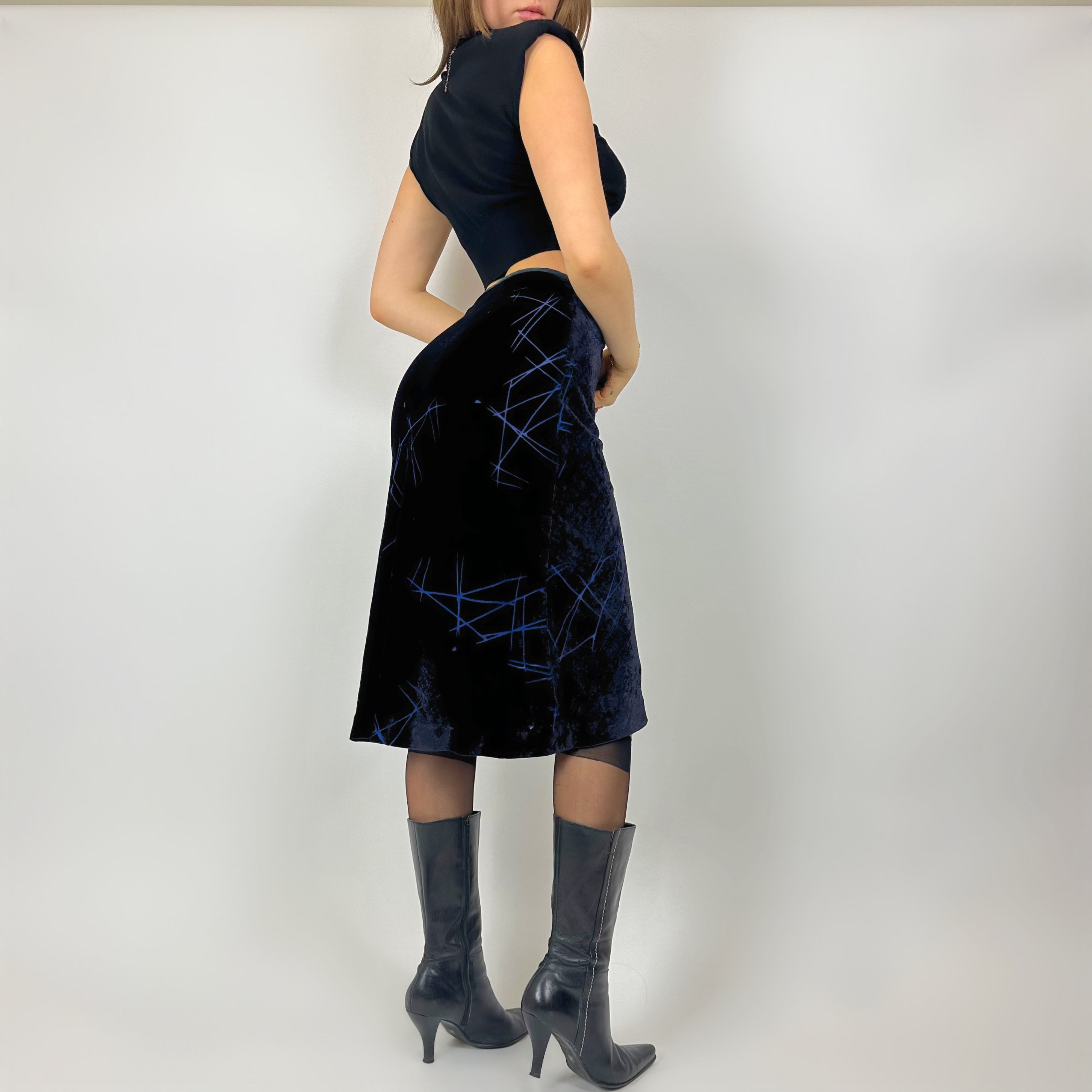 Vintage Deep Blue Velvet Midi Skirt (xs)