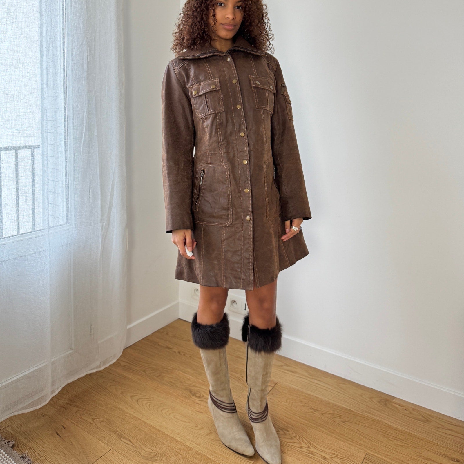 Vintage Brown Leather Button Front Coat (S)