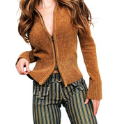 Camel Knit Double Zip Cardigan (M)