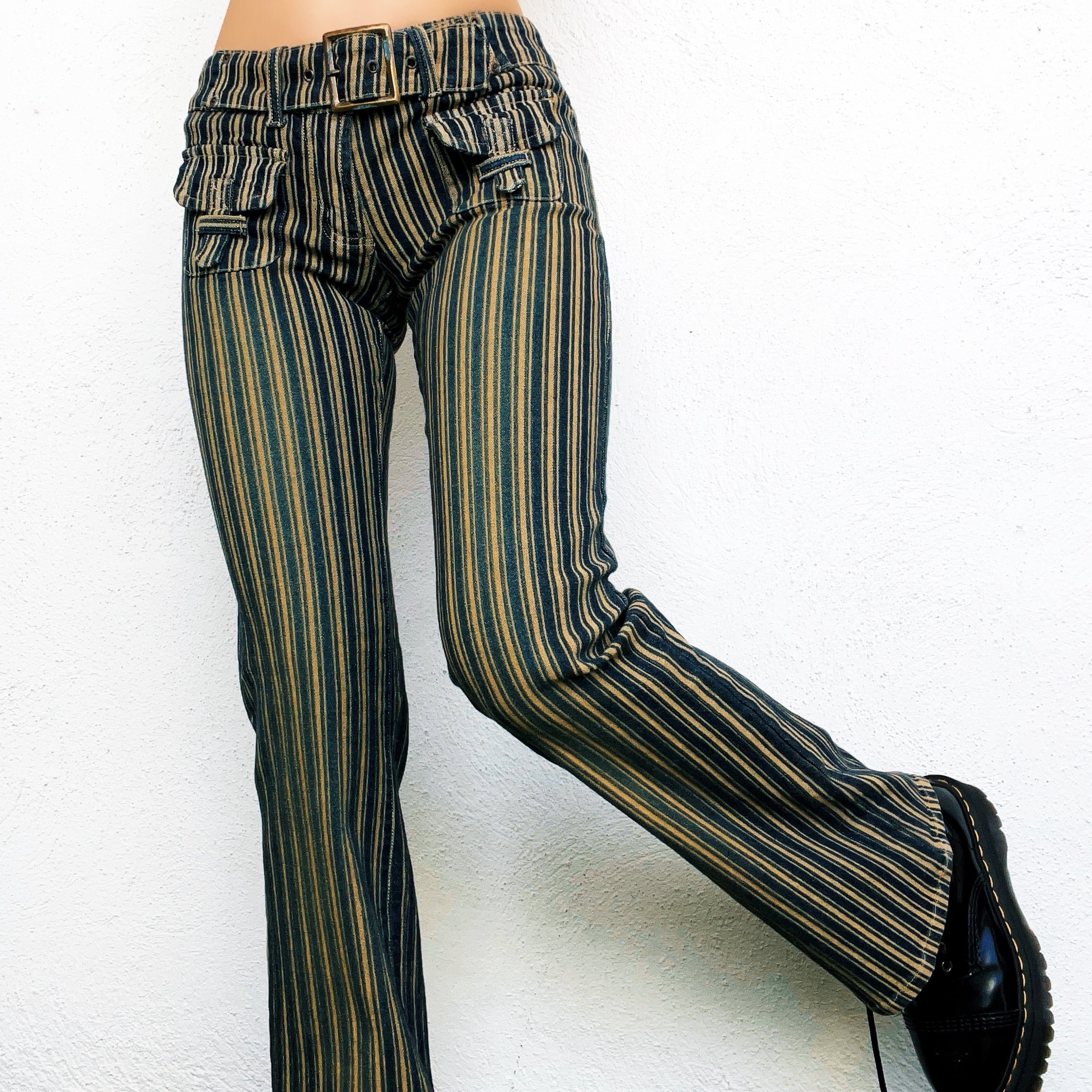 Vintage Striped Belted Flare Jeans (XS/S)