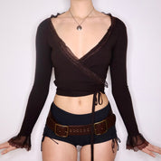 Y2K Italian Brown Lace Trim Wrap Top (S)