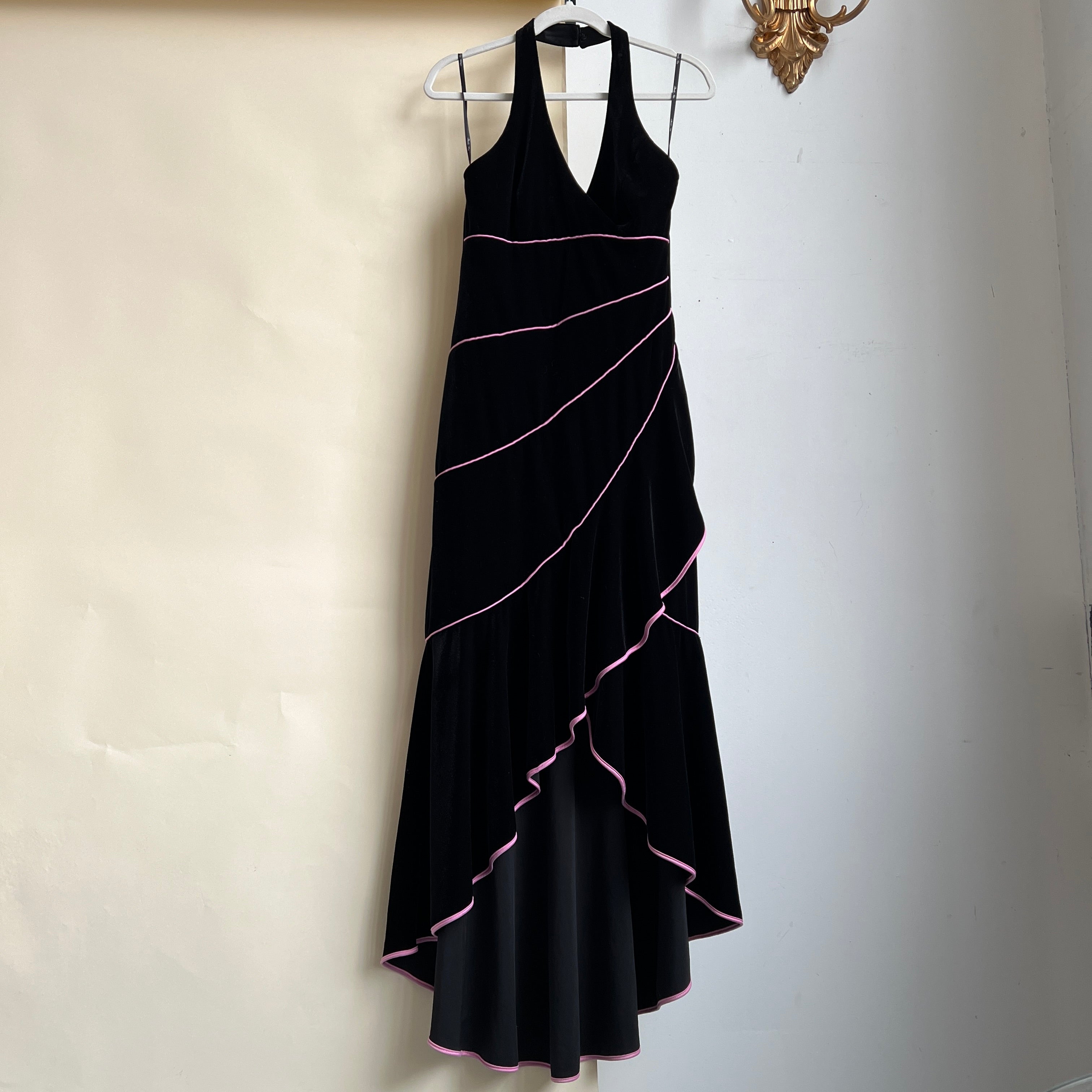 Vintage 90s Black velvet ruffle maxi dress (L)