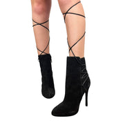 Black Genuine Suede Lace Up Stiletto Boots (6.5)