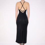 90s Backless Slinky Black Maxi Dress (S)