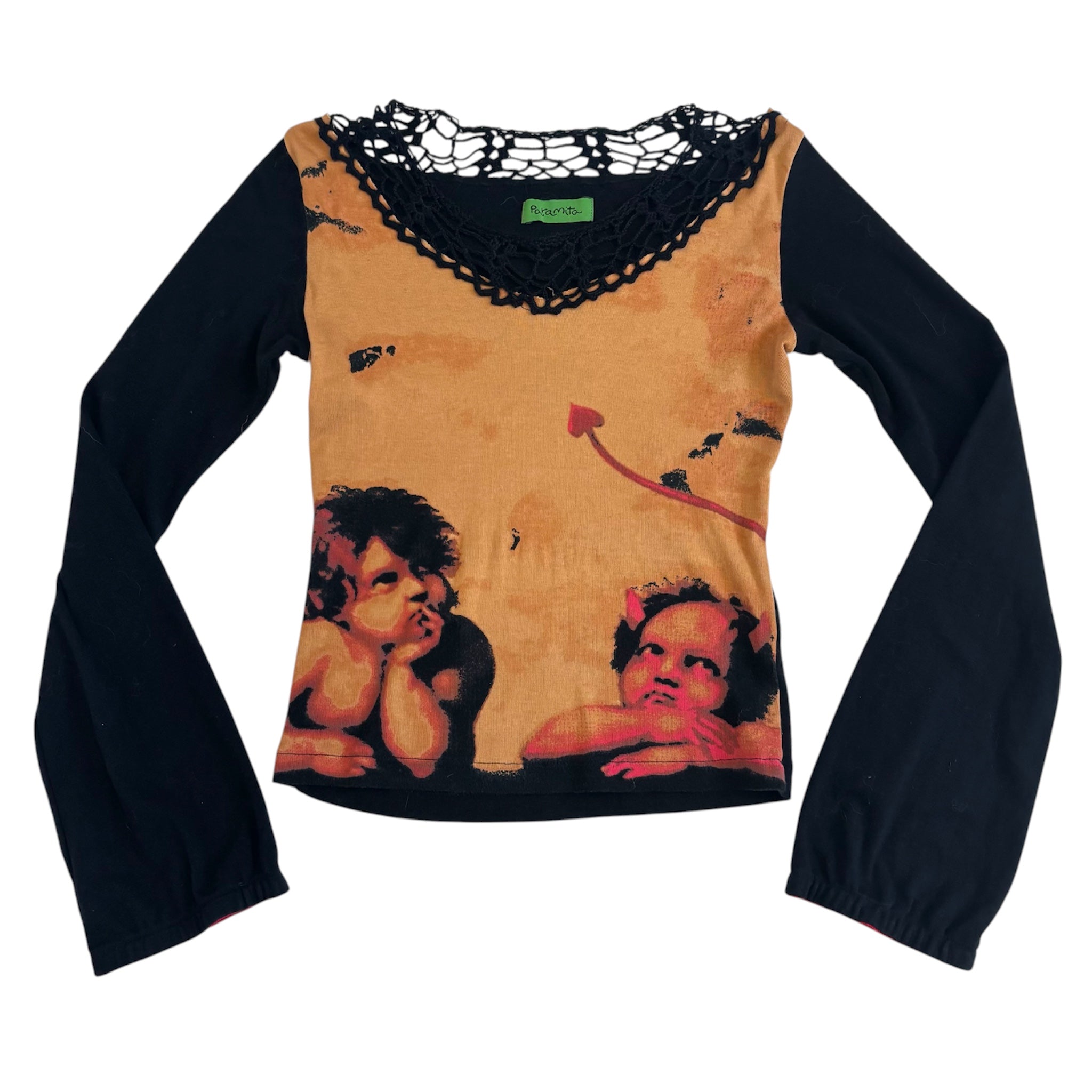Cotton Cherub Sweater with Crochet Neckline (S)