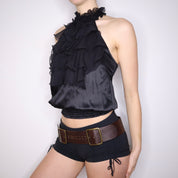Y2K BEBE Black Silk Ruffle Halter Top (S)