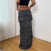 Italian vintage charcoal grey tiered maxi skirt with silk mesh ruffles