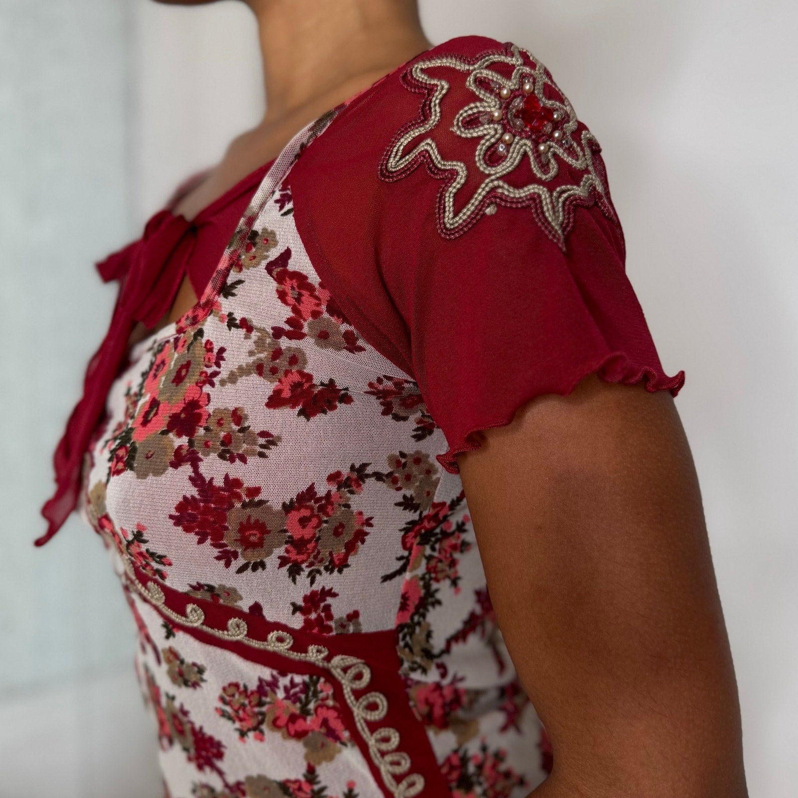Italian vintage burgundy floral mesh top with beaded sleeves