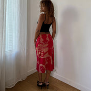 Italian Vintage Red Beige Portrait Face Print Midi Skirt (S)