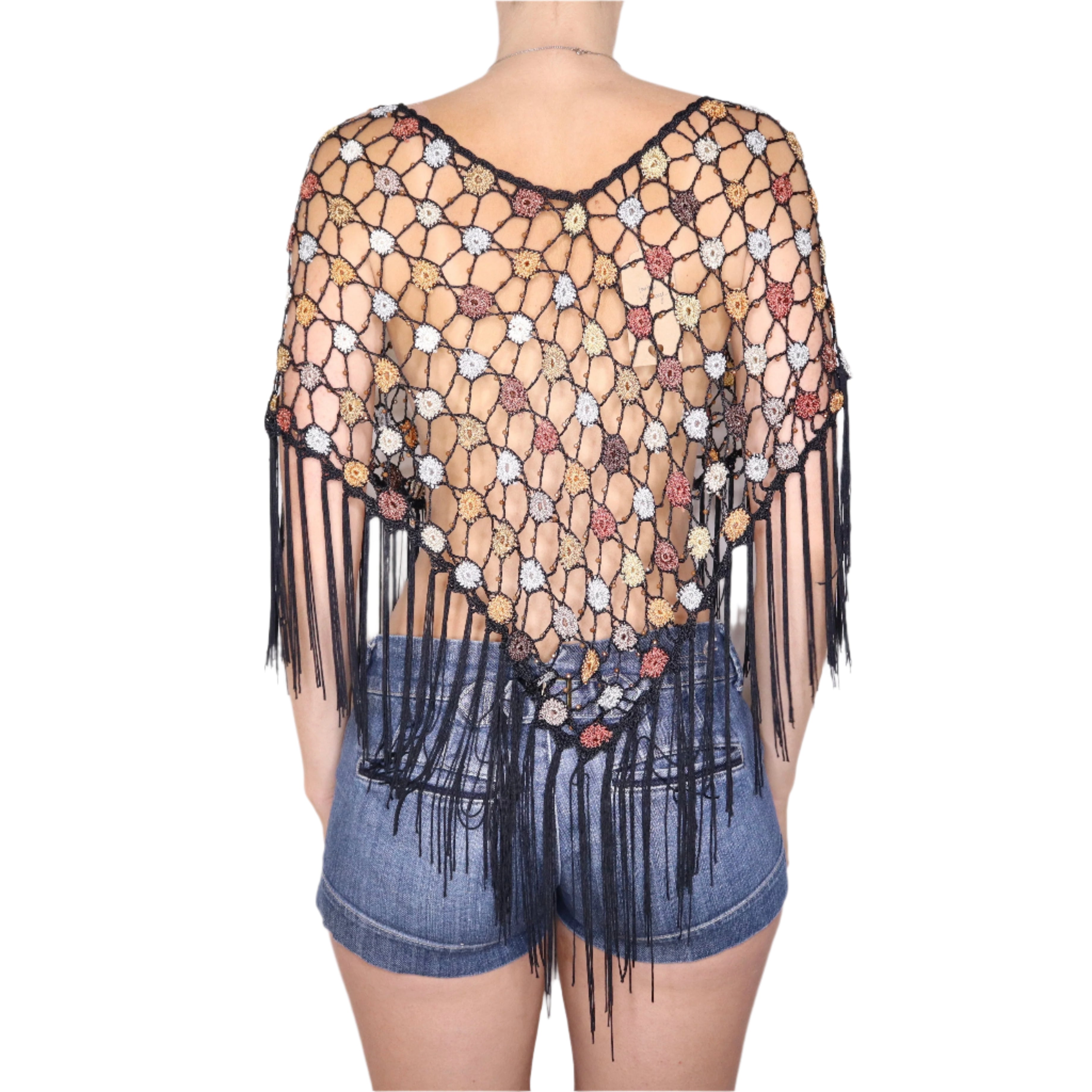 Y2K Beaded Crochet Fringe Poncho (S/M)