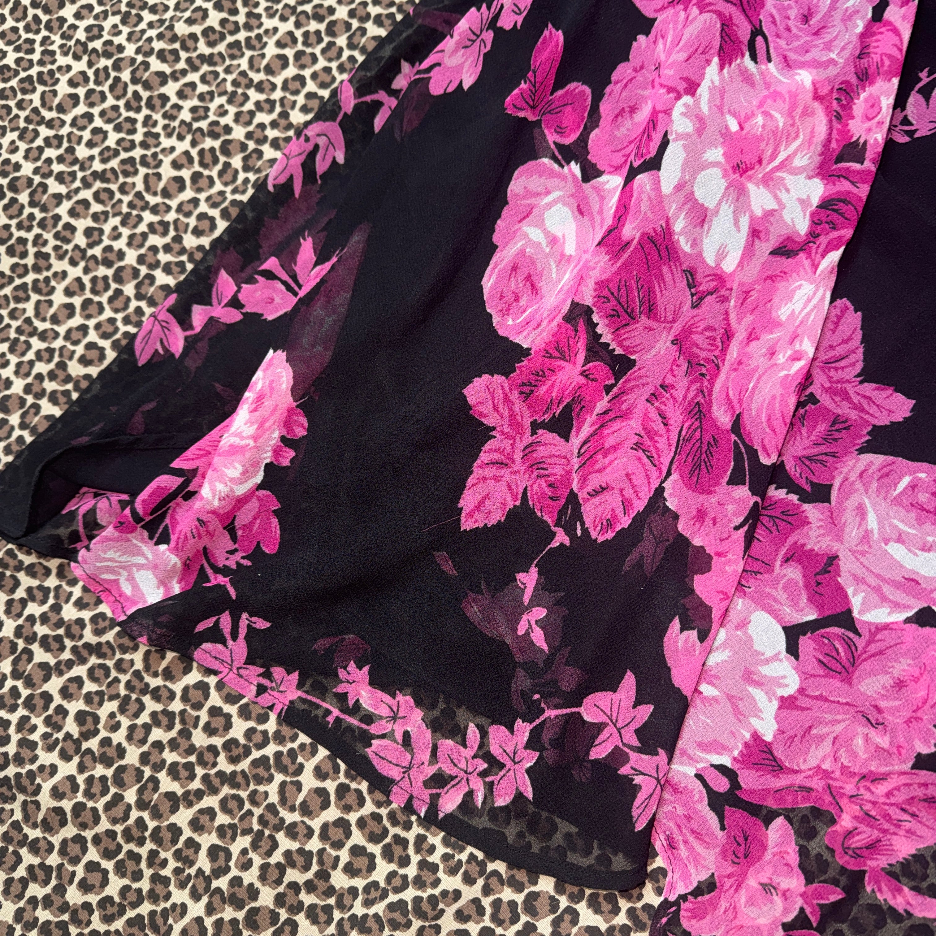 Y2K Pink & Black Floral Handkerchief Hem Midi Dress (XL)