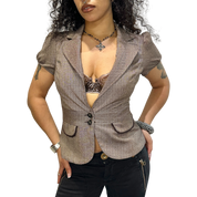 Vintage Capped Sleeve Button Front Blazer Plunge Neck Blazer  (S)