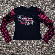 Euro Y2K “Romantic Dream” Striped Sleeve Graphic Tee (L)