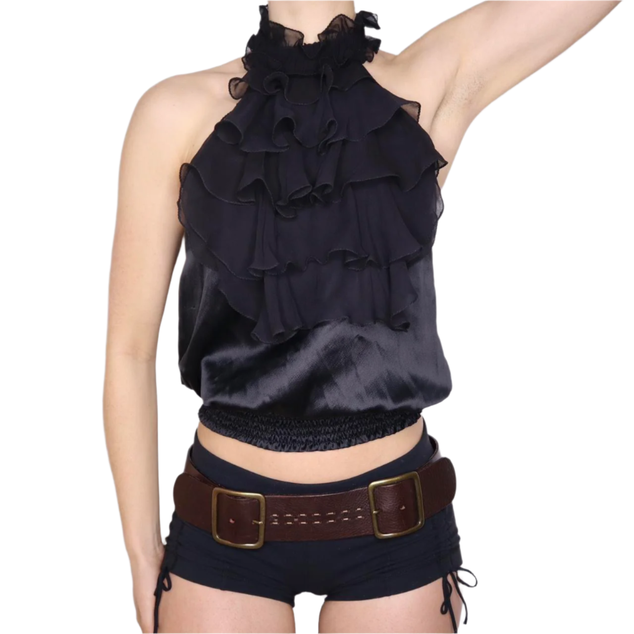 Y2K BEBE Black Silk Ruffle Halter Top (S)