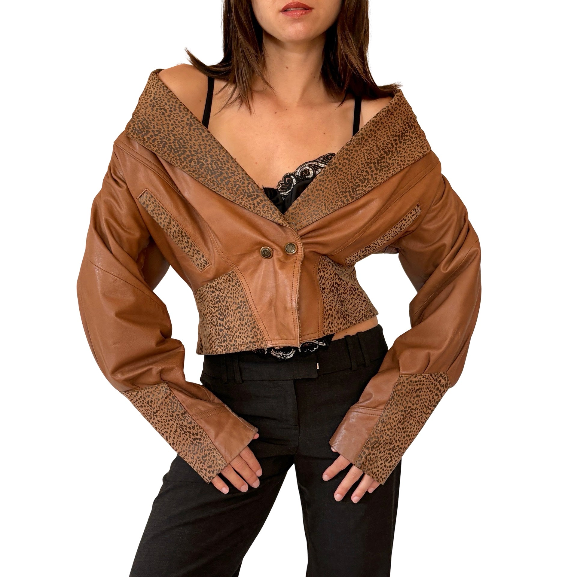 80s Cognac & Leopard Leather Jacket (M)